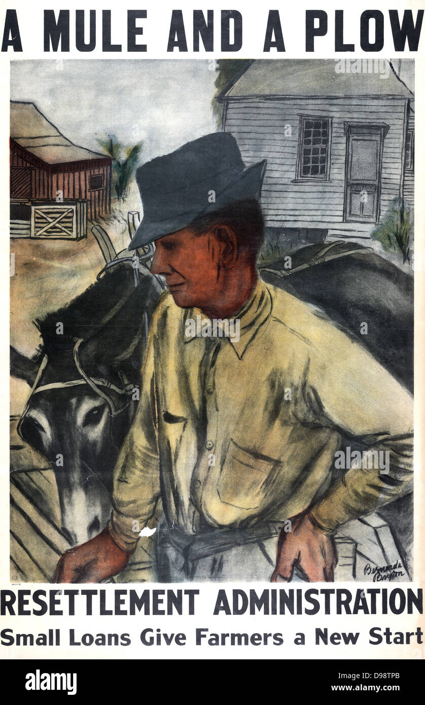 Un mulo e un aratro - piccoli prestiti offrono agli agricoltori un nuovo inizio. Amministrazione di reinsediamento (1935-1937) poster da Bernarda Bryson Shahn. Un US Federal organismo istituito durante la Depressione Foto Stock
