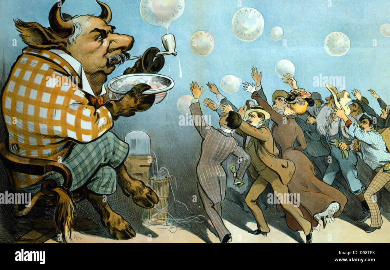 Wall Street bolle - sempre lo stesso". J. Pierpont Morgan (1837-1913) finanziere americano come un toro a soffiare bolle di 'valori gonfiato', per un gruppo di persone che sono ansiosamente raggiungere. Da 'Puck', New York 1901. Telegrafo-Ticker tape Foto Stock