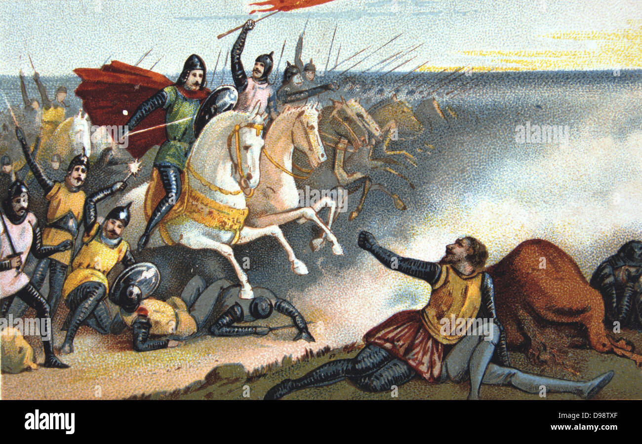 Battaglia di Hastings, 14 ottobre 1066. Guglielmo di Normandia (Guglielmo il Conquistatore) sconfiggendo Harold II d'Inghilterra. Xix secolo scheda commerciale Chromolithograph Foto Stock