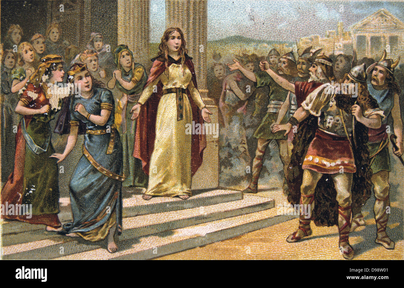 Saint Geneviève di Parigi (C419/422-502/512), nel suo ruolo di protettore del benessere della città di vergini, affrontando Attila durante l'attacco su Parigi di Unni in 451. Francia xix secolo scheda commerciale Chromolithograph Foto Stock