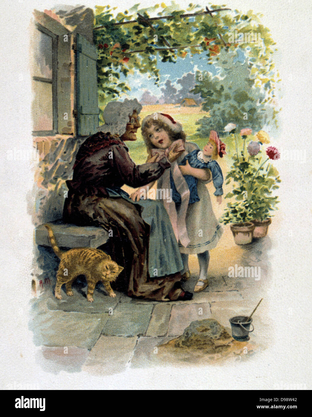 Little Red Riding Hood con sua nonna. Commercio Francese scheda c1900 che illustra la fiaba dall'autore francese Charles Perrault (1628-1703). Letteratura Chromolithograph giovanile Foto Stock