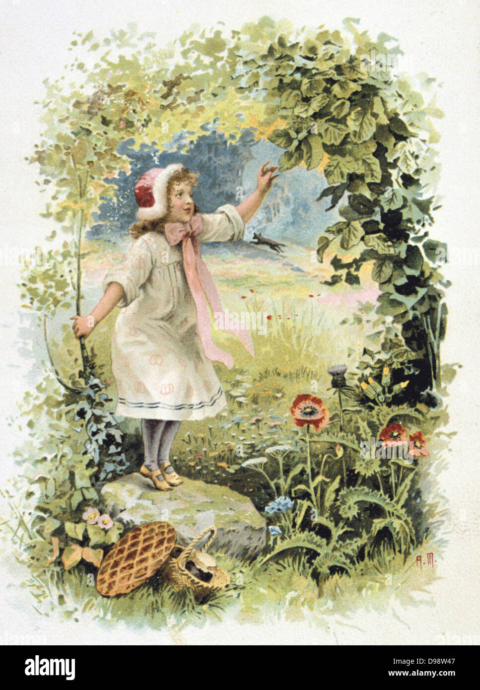 Cappuccetto Rosso nel bosco per il suo modo di vedere la sua nonna. Commercio Francese scheda c1900 che illustra la fiaba dall'autore francese Charles Perrault (1628-1703). Letteratura Chromolithograph giovanile Foto Stock