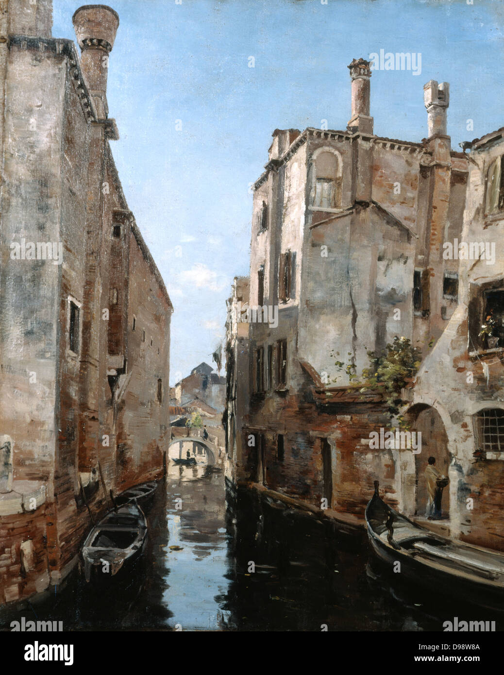 Venezia, nei pressi della chiesa di San Sebastiano, 1892. Olio su tela. Emmanuel Lansyer (1835-1893) francese pittore paesaggista. Italia Canal Boat House Garden Wall Foto Stock