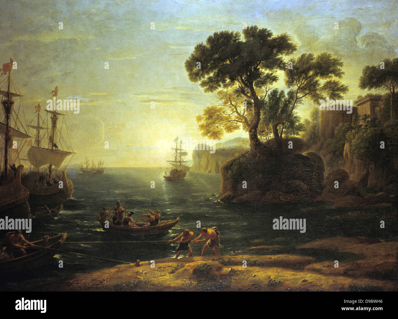 Enea che arrivano in Italia - Alba dell'Impero Romano". Olio su tela. Claude (c1604-1682 - Claude Gellee anche Claude Lorrain) pittore francese. Seascape Foto Stock