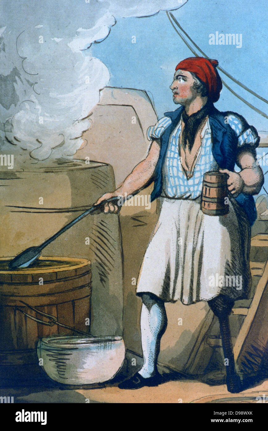 La nave è cucinare", il boccale di birra in mano, al lavoro nella sua cucina. Egli ha perso una gamba, probabilmente in una battaglia navale, e è stato montato con un artificiale in legno 'peg' gamba. Artista: Thomas Rowlandson (1756-1827). La puntasecca, 1799. Foto Stock