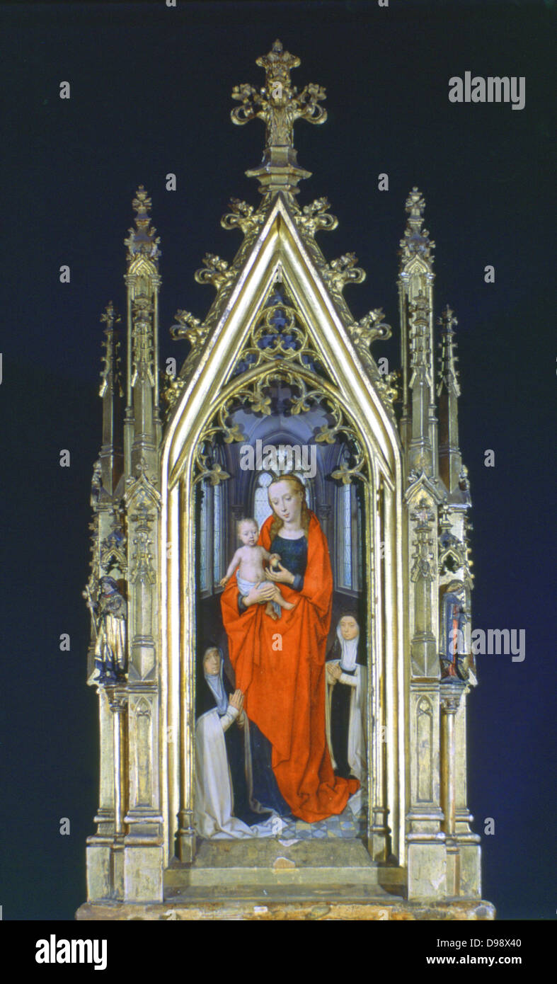 Santuario (reliquiario) di Sant'Orsola, 1489. Dorato, legno dipinto. Hans Memling (1430/1440-1494) Sud Netherlandish pittore. Pannello di estremità di scrigno che mostra la Vergine e il Bambino fiancheggiata da donatori. Foto Stock