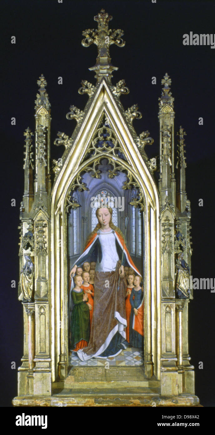 Santuario (reliquiario) di Sant'Orsola, 1489. Dorato, legno dipinto. Hans Memling (1430/1440-1494) Sud Netherlandish pittore. Pannello di estremità di scrigno che mostra che mostra Sant'Orsola (IV secolo) proteggere vergini. Pellegrinaggio cristiano Foto Stock