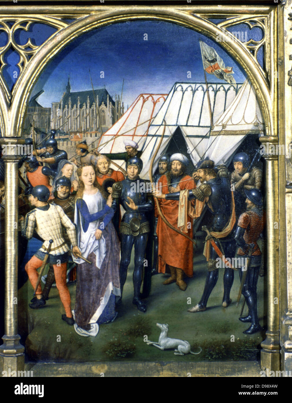 Santuario (reliquiario) di Sant'Orsola, 1489. Dorato, legno dipinto. Hans Memling (1430/1440-1494) Sud Netherlandish pittore. Sant'Orsola (IV secolo) martirizzato dagli Unni a Colonia. Pellegrinaggio cristiano la fedeltà del cane tenda Archer Foto Stock