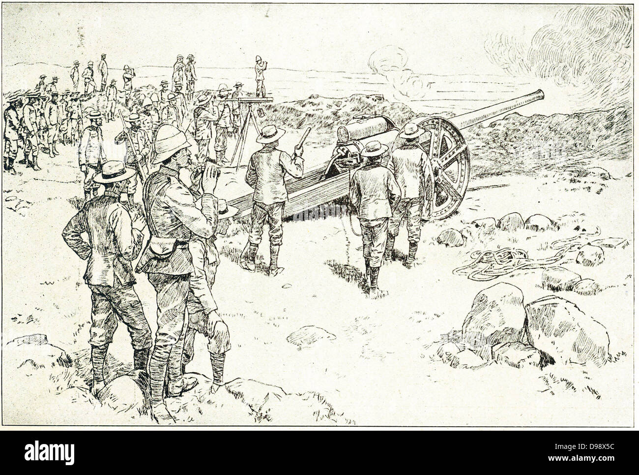 Pistole in azione a Colenso, Sud Africa che mostra il Percy Scott carrello che ha consentito la pistola per diventare un effettivo campo mobile arma di artiglieria. La battaglia di Colenso era la terza e ultima battaglia combattuta durante la settimana nera della Seconda guerra boera. Essa venne combattuta tra inglesi e forze di Boer indipendente di Repubblica Sudafricana e Orange Free State in ed intorno a Colenso, Natal, Sud Africa il 15 dicembre 1899. Foto Stock