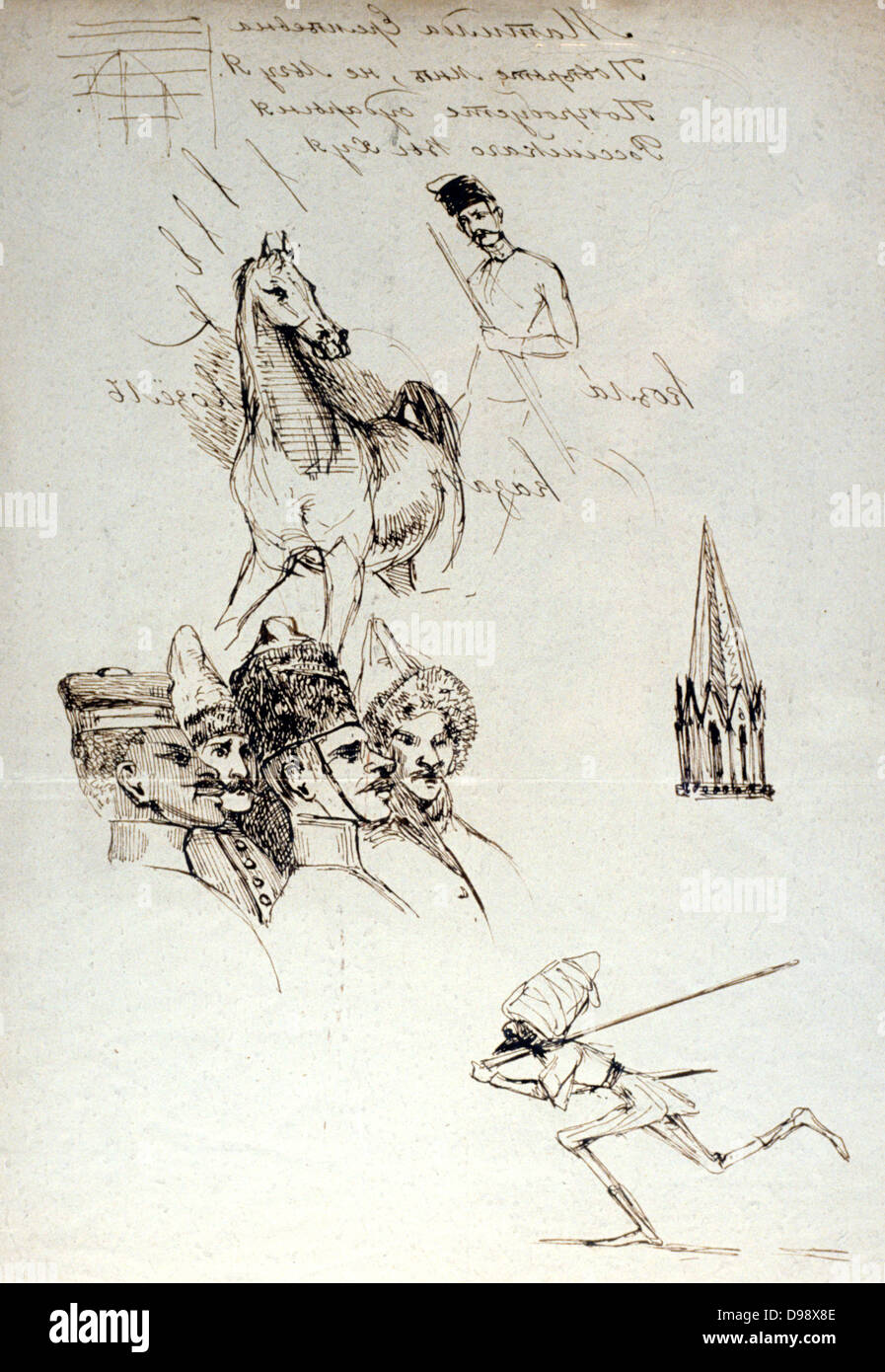 Russi. Penna e inchiostro bozzetto di Propsper Merimee (1803-1870) Frenh drammaturgo, storico ed archeologo. Foto Stock