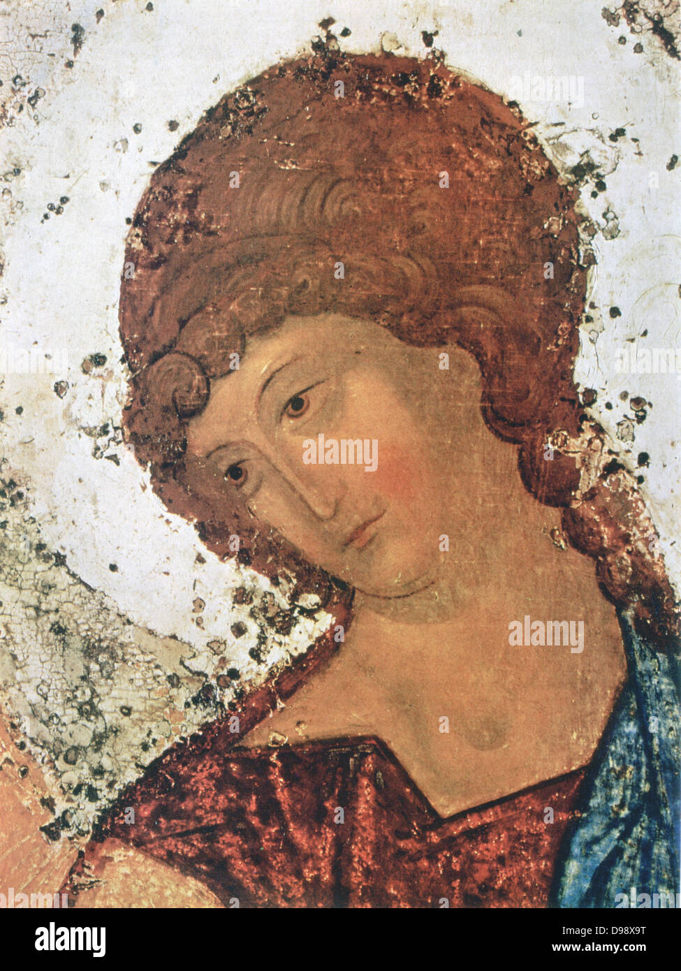 Icona della Trinità, c1411. Andrei Roublev (C1370-c1430) Russo Ortodossi monaco e pittore di icone. Dettaglio che mostra la testa di angelo nel centro dell'immagine. Foto Stock