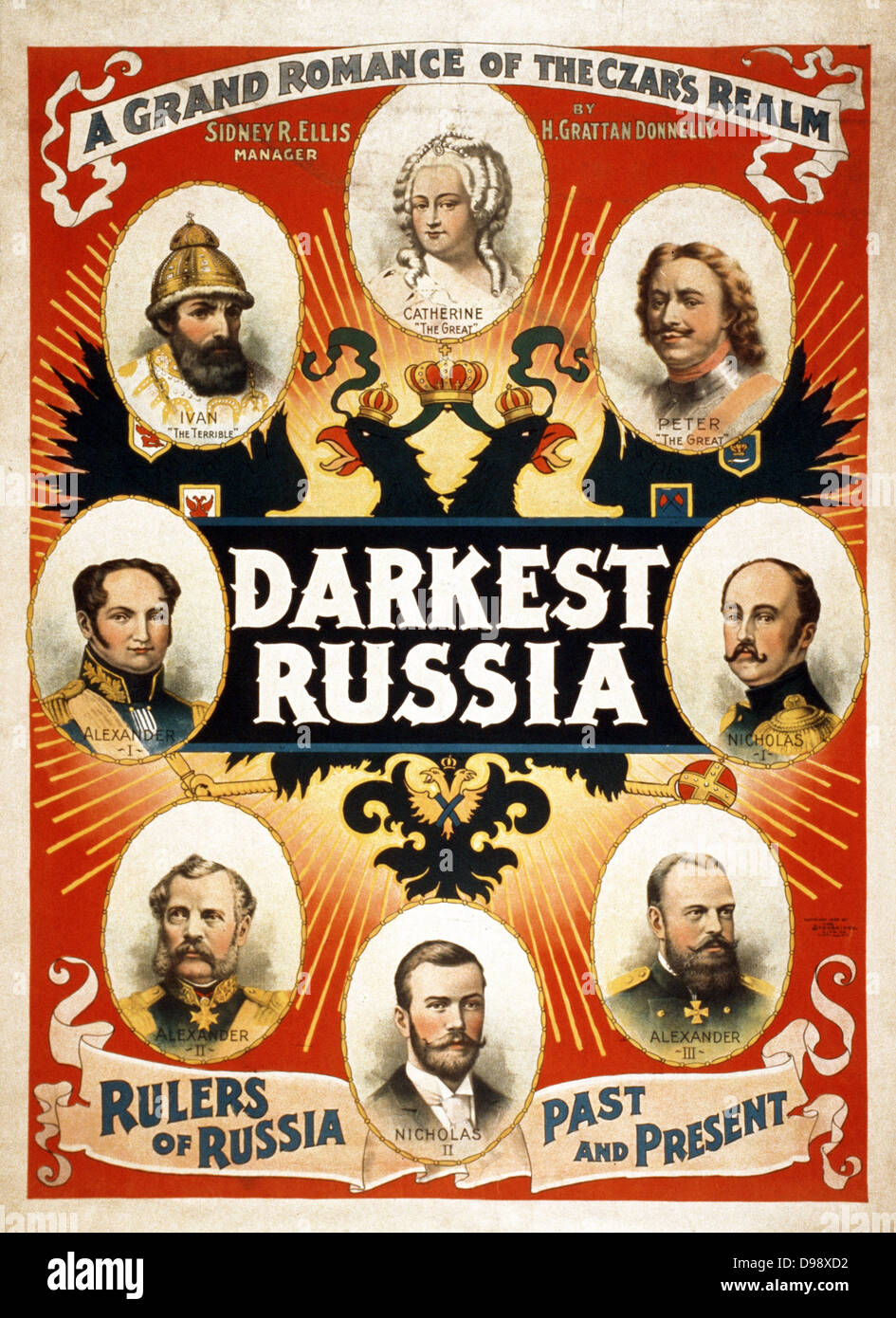 La Russia più scuro di un grand romance dello zar il realm. Poster da artista americano Sidney Ellis 1850-1931. c1895. Didascalia: i governanti della Russia, del passato e del presente: "Ivan il Terribile" ... Nicholas II. Foto Stock