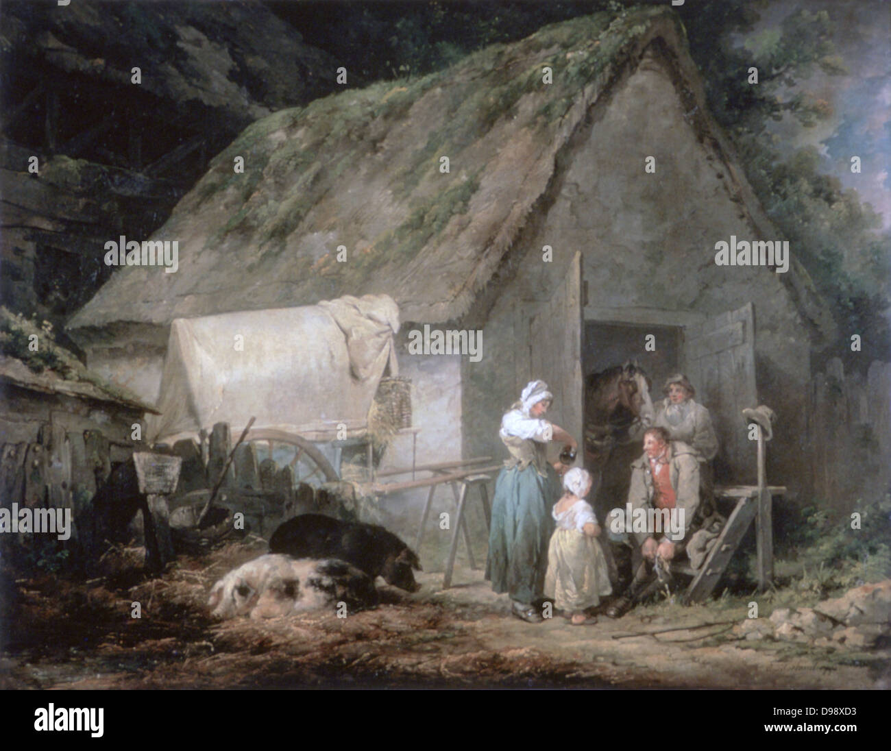 Mattina: Higglers preparando per il mercato", 1791. Olio su tela. George Morland (1763-1804) pittore inglese di animali e scene rustiche. Higglers erano in viaggio, gli operatori di mercato, spesso di pollame. Paglia stabile di maiale famiglia carro Foto Stock