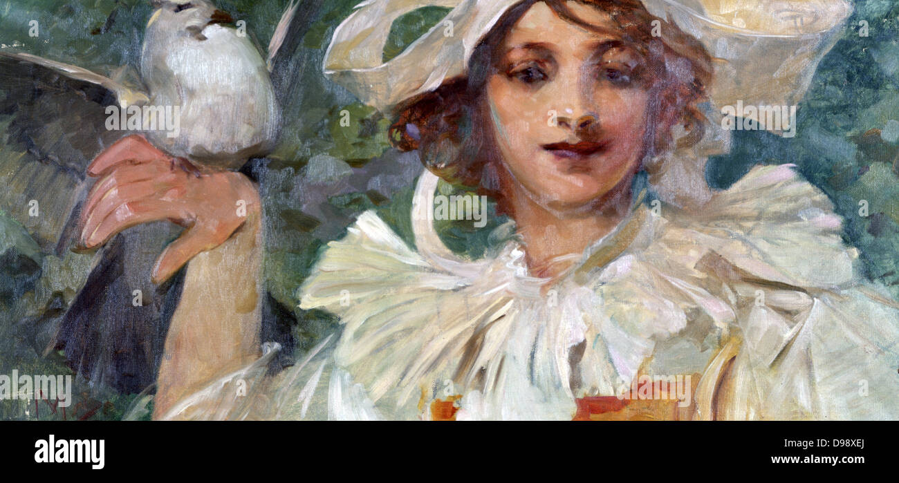 Alla testa di una delle spalle di giovane donna con Pierrot collare, white bird si appollaia sulla sua mano. Dipinto di Alphonse Mucha (1860-1939) Repubblica ceca Art Nouveau pittore. Foto Stock