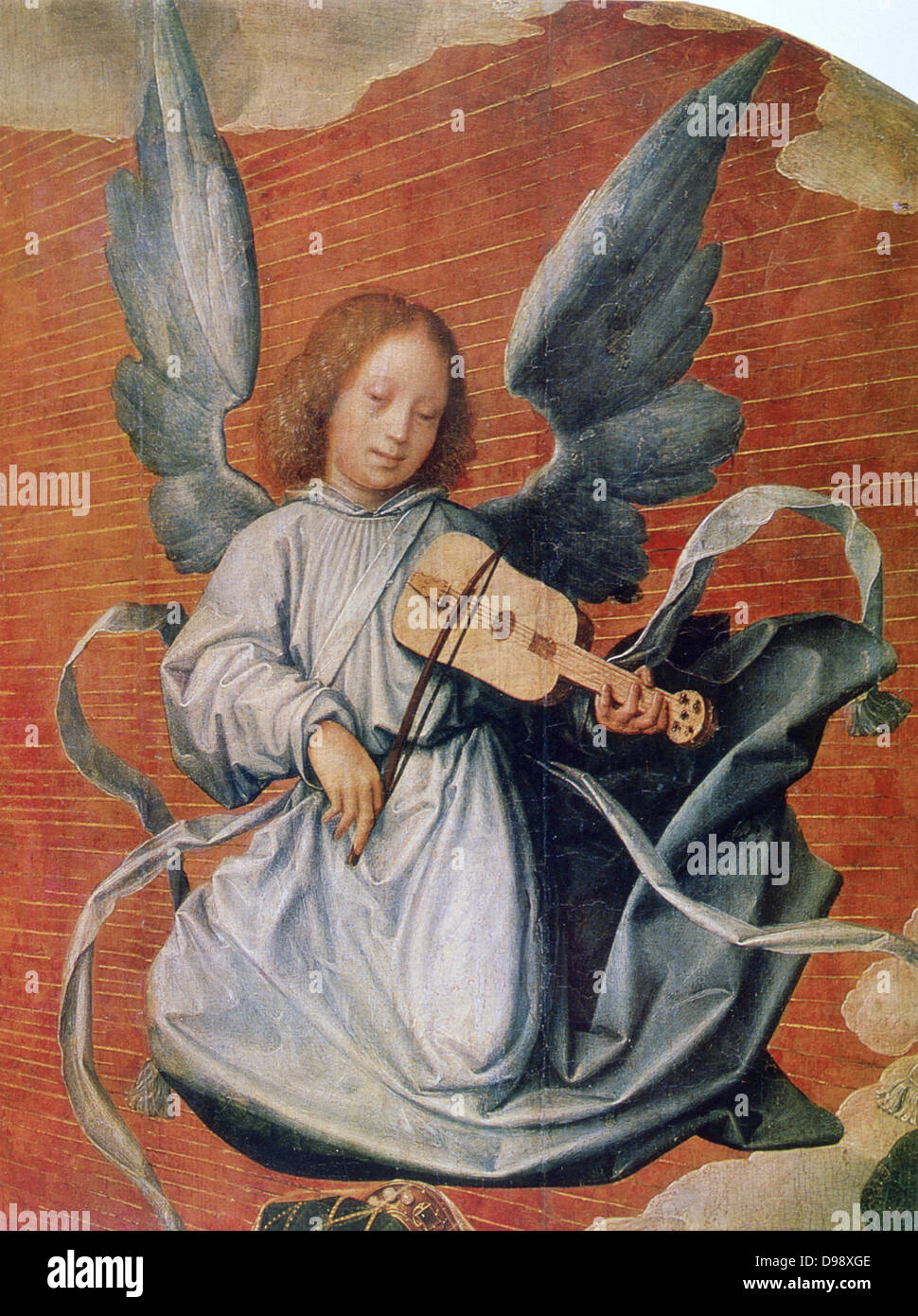 Angelo suonare una chitarra con un archetto (viola da braccio?). "La Vergine in gloria" (dettaglio), 1524. Jan Provost (1465-1529) Netherlandish artista. Olio su tela. Musica musicista ali Nord del Rinascimento Foto Stock