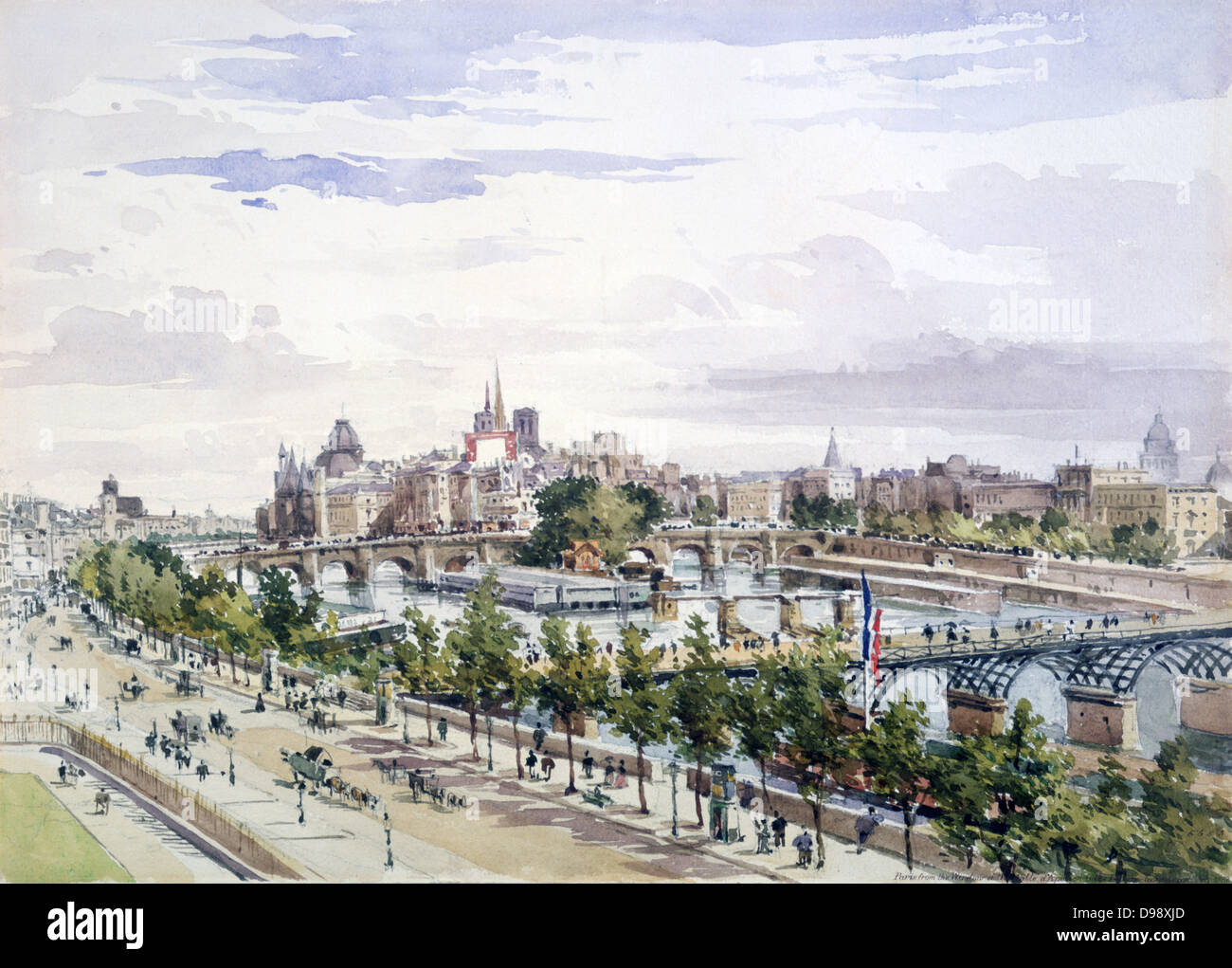 La vista dalla finestra del La Salle d'Apollon, Louvre, guardando ad Est'. Acquerello Charles Claude Pyne (1802-1878) paesaggio inglese e pittore di genere. Senna ponte acqua Parigi Francia Foto Stock