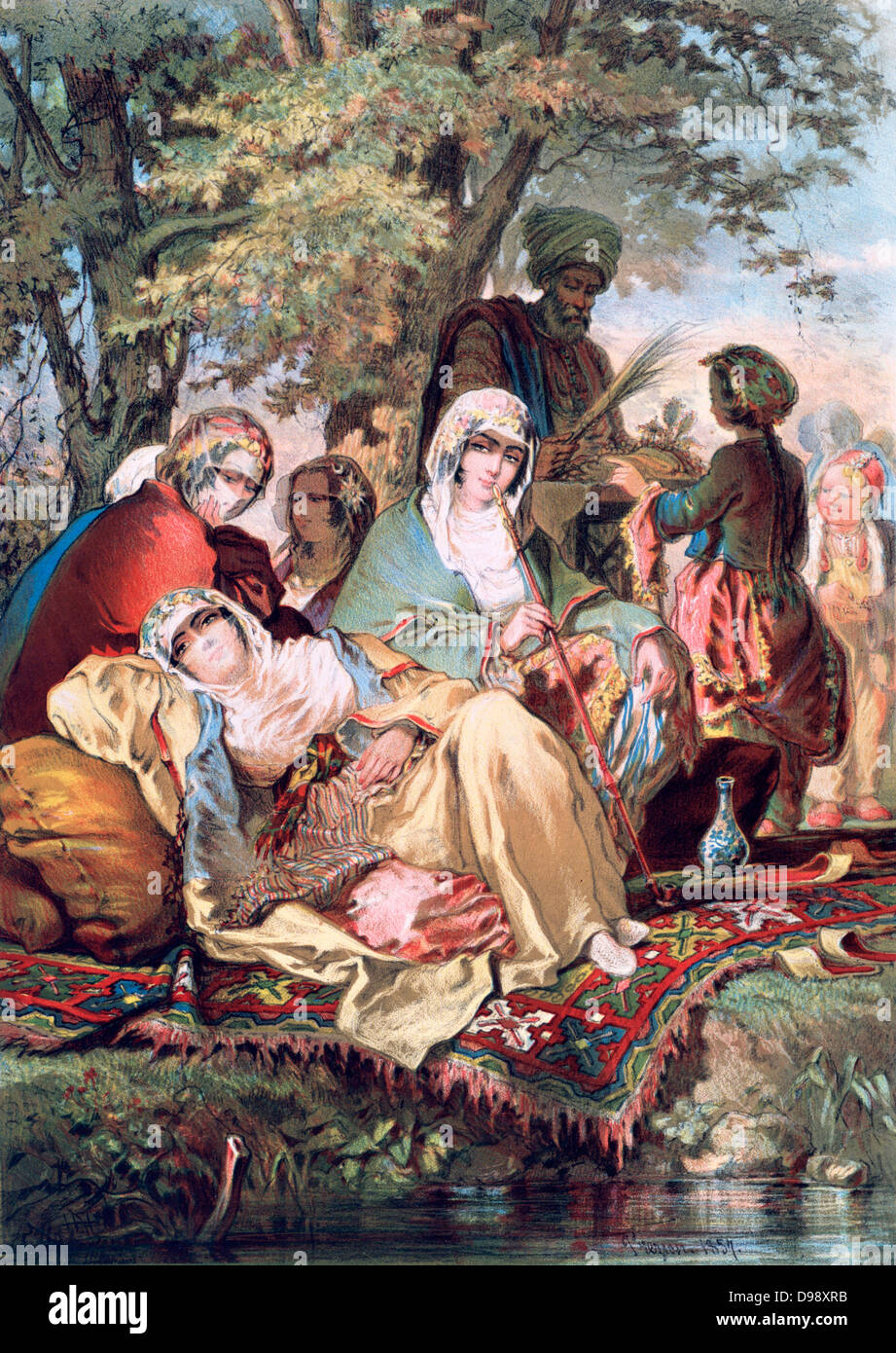 Negozio di souvenir dell'Est: Harem', 1857. Olio su tela. Le donne del Harem di oziare e fumo sotto gli alberi dall'acqua. Cuscino per tappeti velo Langour Foto Stock