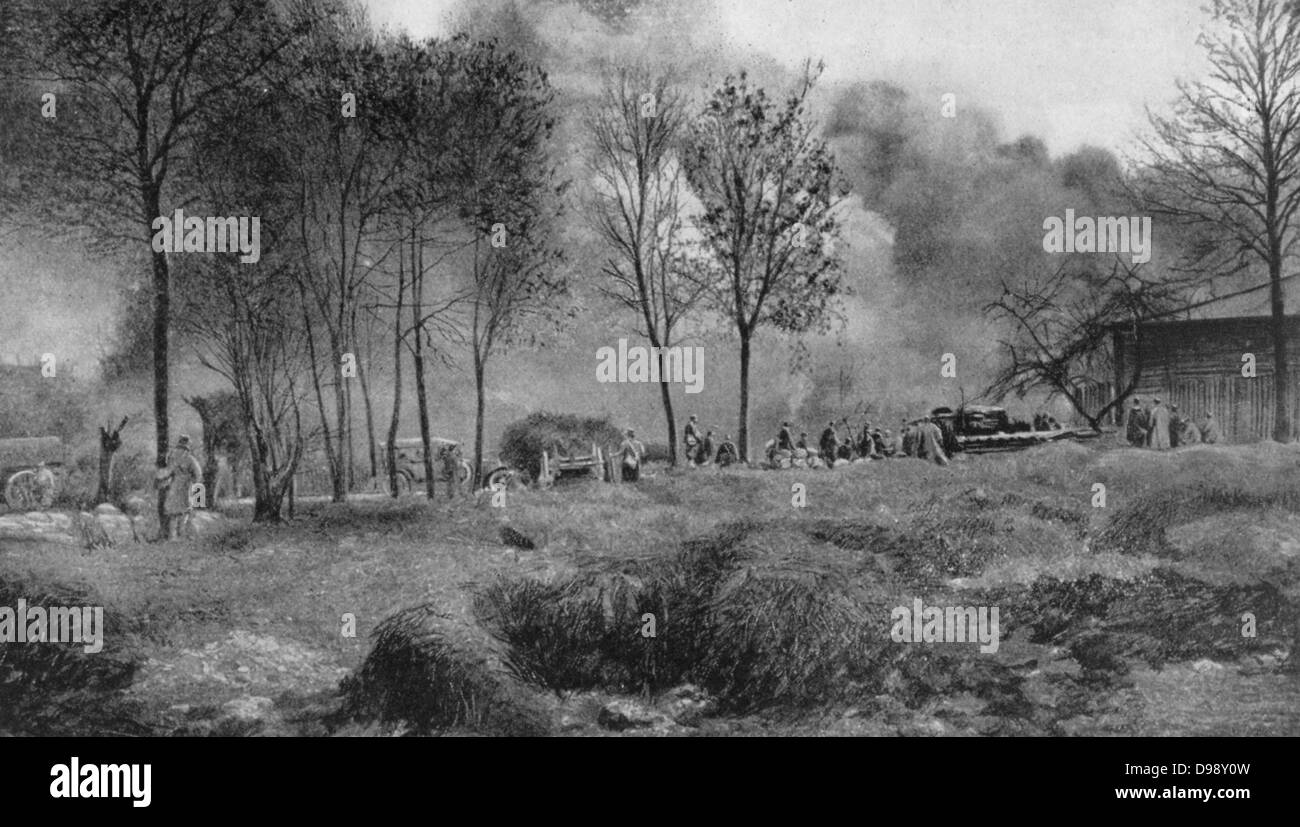 I Guerra Mondiale 1914-1918: casa colonica francese impostata sul fuoco da shellfire tedesco. Da 'Le Flambeau", Parigi, 18 settembre 1915. Foto Stock