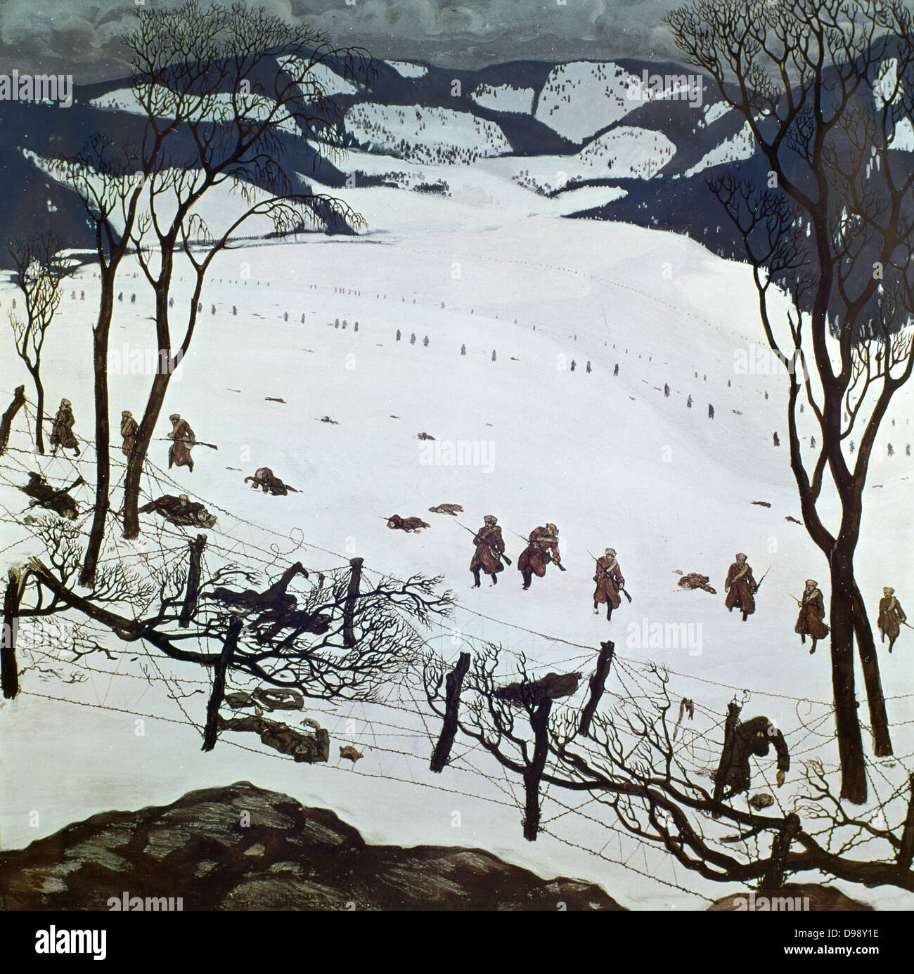 La prima guerra mondiale, Fronte Orientale: battaglia dei Carpazi passa, marzo-aprile 1915. Il serbo Fusiliers attaccando posizione difensiva del xxi Landsturm Reggimento di Fanteria (austro-ungarico). Alfred Basilea (1876-1920) artista austriaco Foto Stock