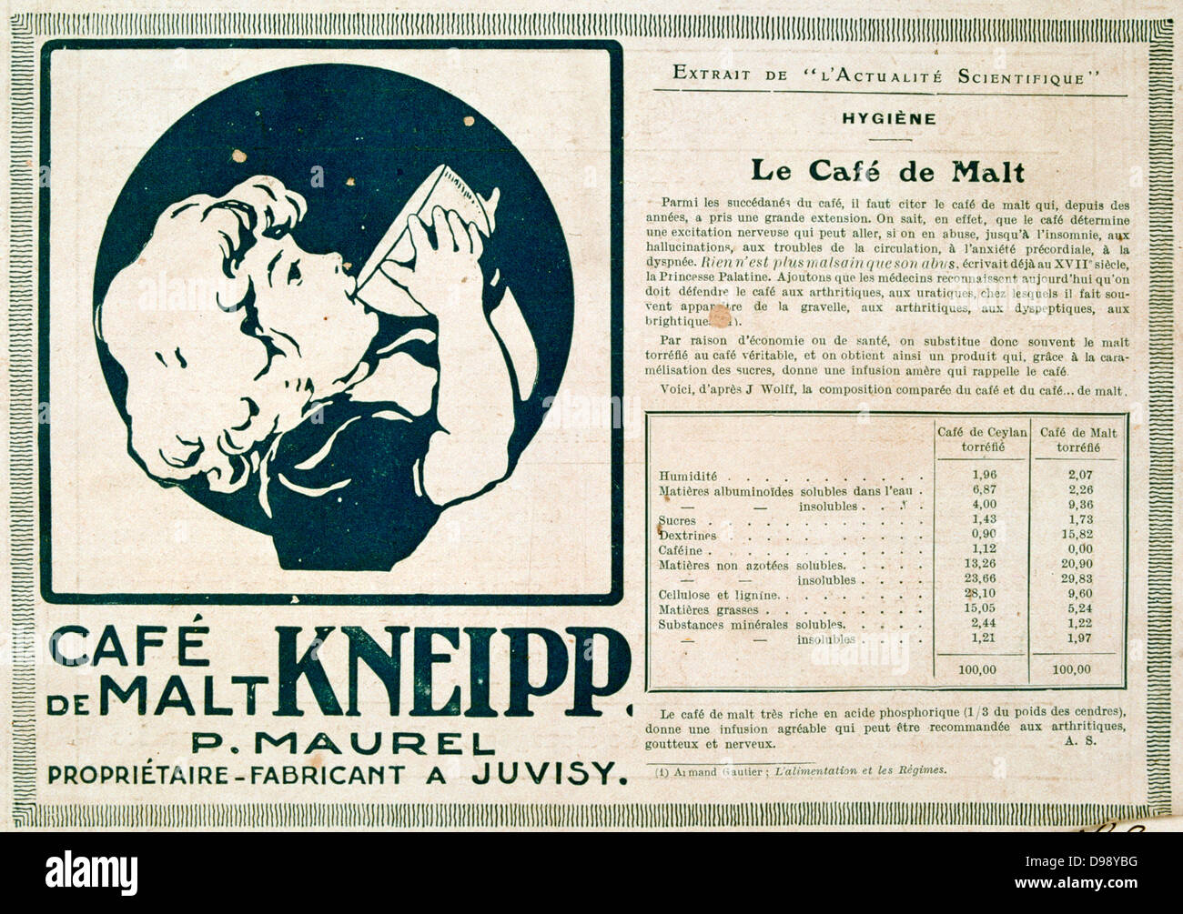 Pubblicità per un decaffeinato bevanda al malto. Dalla rivista francese "Le Flambeau', 18 settembre 1915. Bevanda Prima Guerra Mondiale (1914-1918). Foto Stock