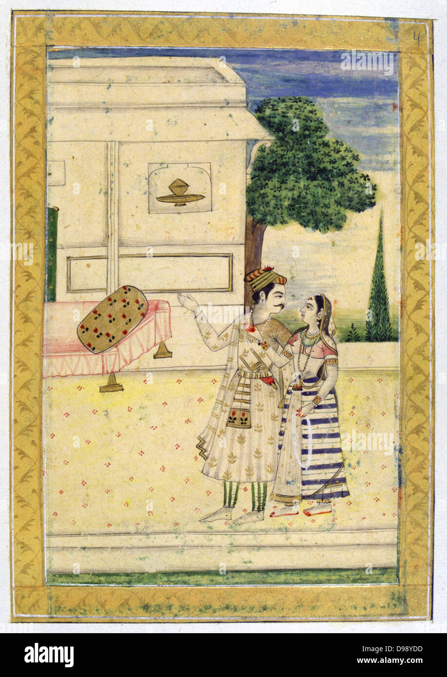 Album di Ragamala. Un principe conduce una giovane donna verso un divano . Xix secolo in miniatura indiano, Rajasthan scuola. Foto Stock