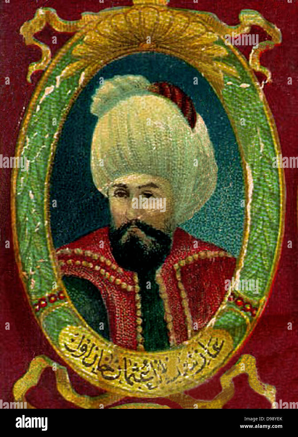Osman I o Othman I (1258 - 1324) soprannominato 'Kara' per il suo coraggio, è stato il leader dei turchi ottomani e il fondatore della dinastia che ha stabilito e governarono l'Impero Ottomano. L'Impero, chiamato dopo di lui, avrebbe prevalso come un impero mondiale per oltre sei secoli. Osman ha annunciato l'indipendenza del suo piccolo regno dai Turchi di Seljuk nel 1299. L'unità a ovest delle invasioni dei Mongoli aveva spinto i punteggi dei musulmani verso Osman anatolica del principato, una base di alimentazione che Osman è stato veloce a consolidare. Come l'impero bizantino è diminuita, l'impero ottomano rose a prendere il suo posto. Foto Stock