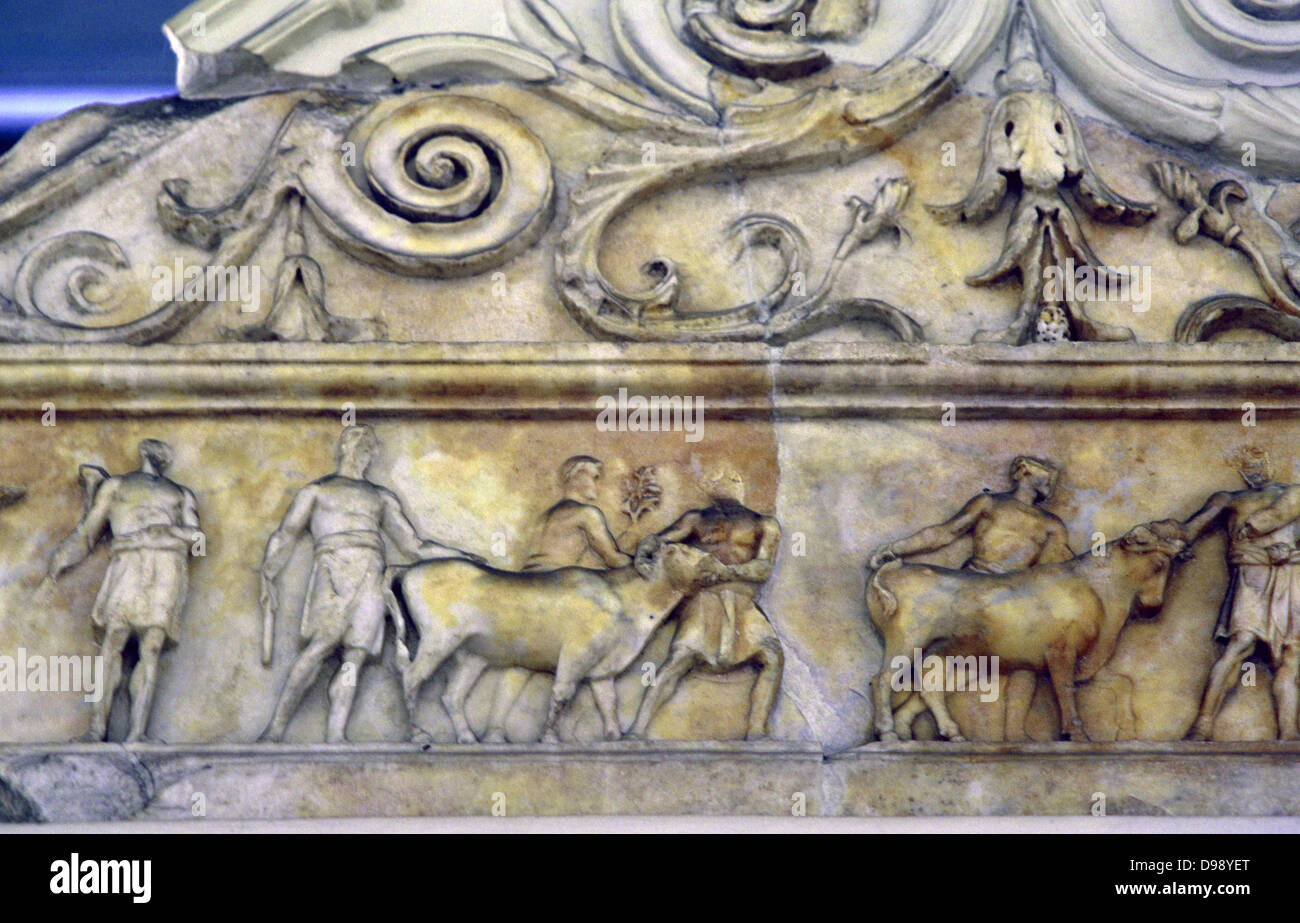 Ara Pacis (Altare della Pace augustea), Roma, consacrata nel 9 A.C. Capi di bestiame ha portato al sacrificio. La religione romana antica Foto Stock