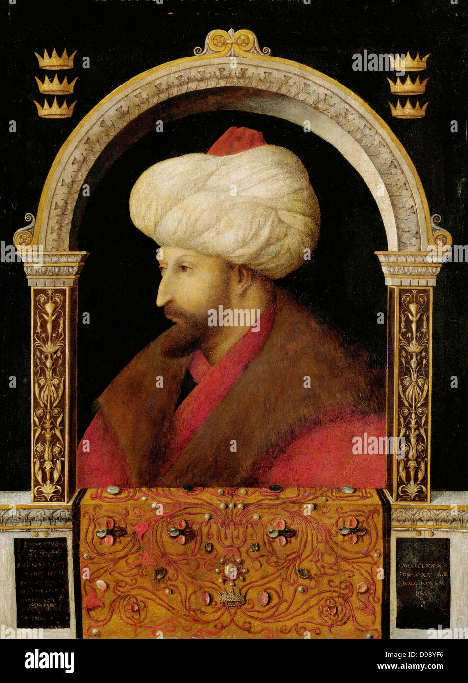Mehmet II (Marzo 30, 1432 - 3 Maggio 1481) (noto anche come el-F?ti? 'Il conquistatore' sultano dell'Impero Ottomano (Rûm fino alla conquista) per un breve periodo di tempo dal 1444 al settembre 1446, e più tardi dal febbraio 1451 al 1481. Ritratto di Mehmet II da artista veneziano Gentile Bellini Foto Stock