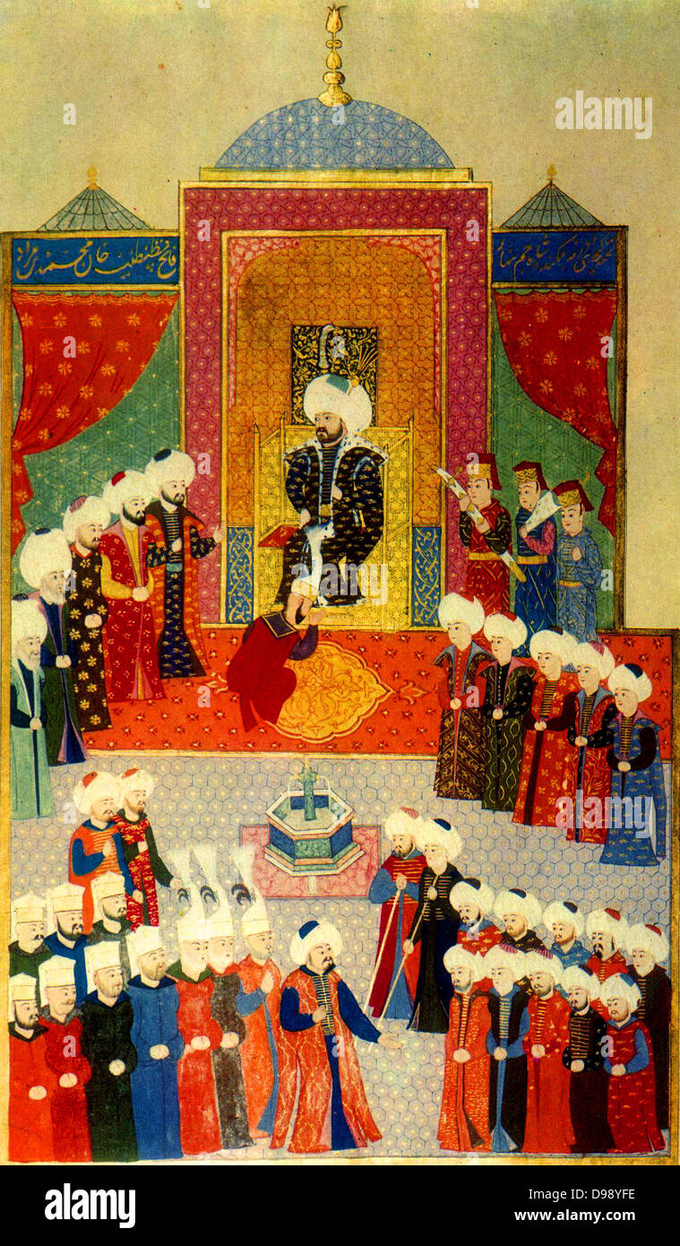 Mehmet II (Marzo 30, 1432 - 3 Maggio 1481) (noto anche come el-F?ti? 'Il conquistatore' sultano dell'Impero Ottomano (Rûm fino alla conquista) per un breve periodo di tempo dal 1444 al settembre 1446, e più tardi dal febbraio 1451 al 1481. Inglese: Adesione di Mehmet II in Edirne 1451. Foto Stock