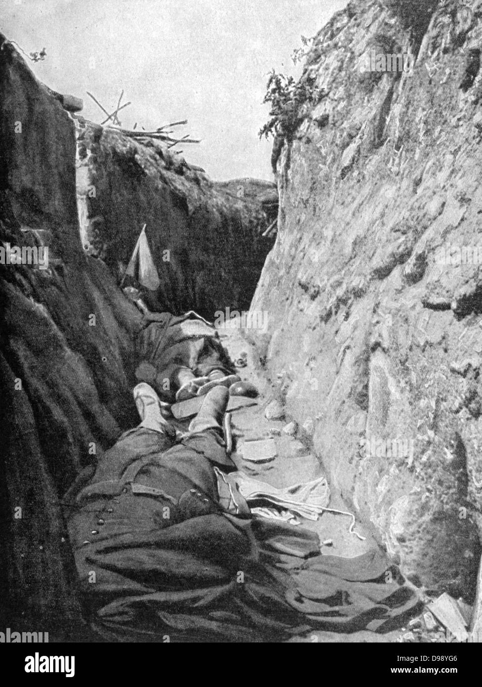 La prima guerra mondiale (1914-1918). Morti i soldati tedeschi in una trincea. Da "Le Pays de France, 12 agosto 1915. Foto Stock