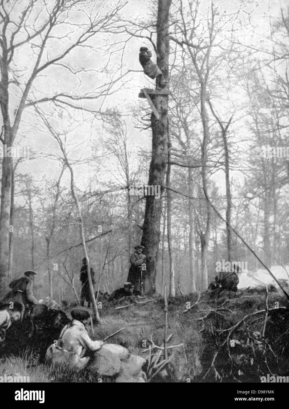 La prima guerra mondiale (1914-1918). Francese piattaforma di osservazione alto in un albero di foresta. Da "Le Pays de France, 10 giugno 1915. Foto Stock