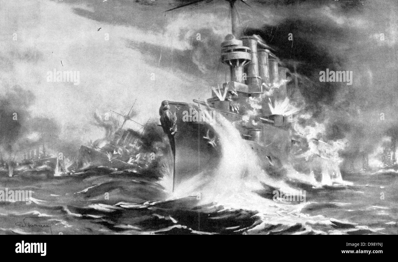 La prima guerra mondiale (1914-1918). La battaglia delle Isole Falkland, Atlantico del Sud. Decisivo navale britannica vittoria sulla marina militare tedesca, 8 dicembre 1914. Uno dei due tedeschi incrociatori corazzati Scharnhorst e Gneisenau in battaglia. Foto Stock