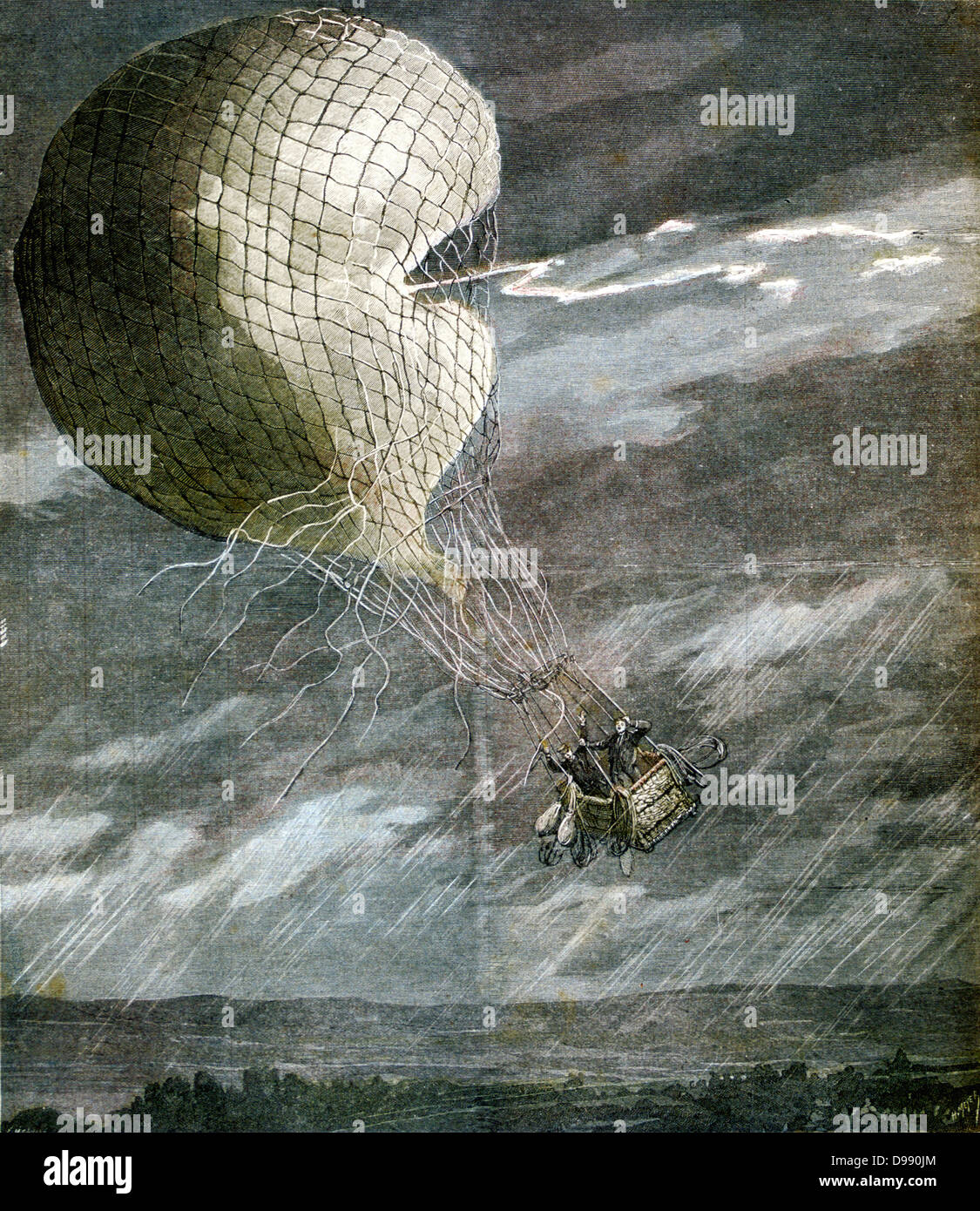 La morte del francese aviatori Godard e Panis quando il loro palloncino è stato colpito da un fulmine sul Chicago. Da "Le Petit Journal', 15 luglio 1891. Mongolfiera di incidente Foto Stock