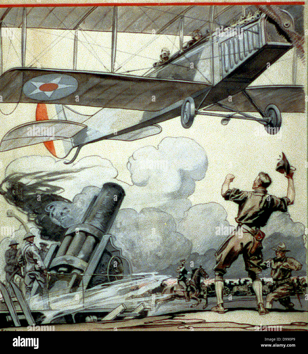 Aeroplano, artiglieria pistola, e soldati", 1917. Edward Penfield (1866-1925) artista americano e illustrator. I militari americani nella guerra mondiale I: biplano artiglieria pesante soldato di cavalleria tifo Tin Hat battenti aeronautica degli Stati Uniti Foto Stock