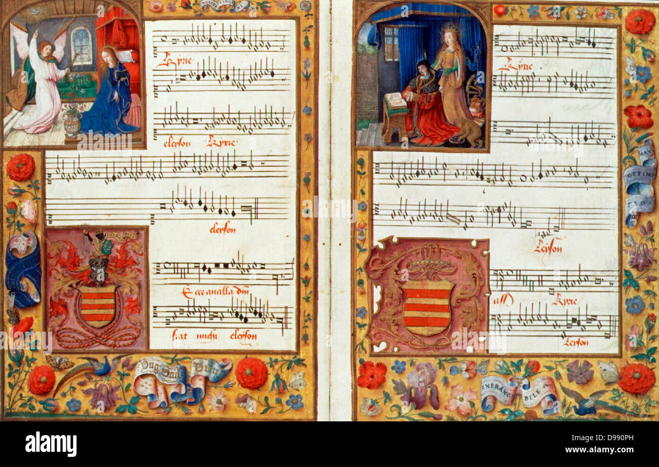 I Chigi Codex, una delle più ricche fonti di Scuola franco fiamminga polifonia dell'ultimo quarto del XV secolo, è anche uno dei più elaborato e più prezioso di tutti illuminati manoscritti di musica. Esso contiene tredici masse del grande compositore fiammingo Johannes Ockeghem (ca. 1420-97), compreso questo pezzo, l'apertura di Ockeghem di 'Missa Ecce Ancilla Domini.' Annunciazione compare la scena di illuminazione nella parte cantus. Gli scudi e le creste sono sovraverniciato dalla successiva proprietari spagnoli del manoscritto. Foto Stock