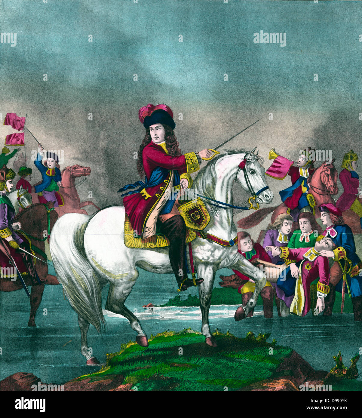 Re Guglielmo III portando le truppe britanniche presso il Centro Visitatori della Battaglia del Boyne, Irlanda, 1690. Righello congiunta con la moglie Maria II a partire dal 1689. Invitati come un protestante dopo la fuga dei cattolici romani James II. Stampare c1874. La Religione cristiana Foto Stock