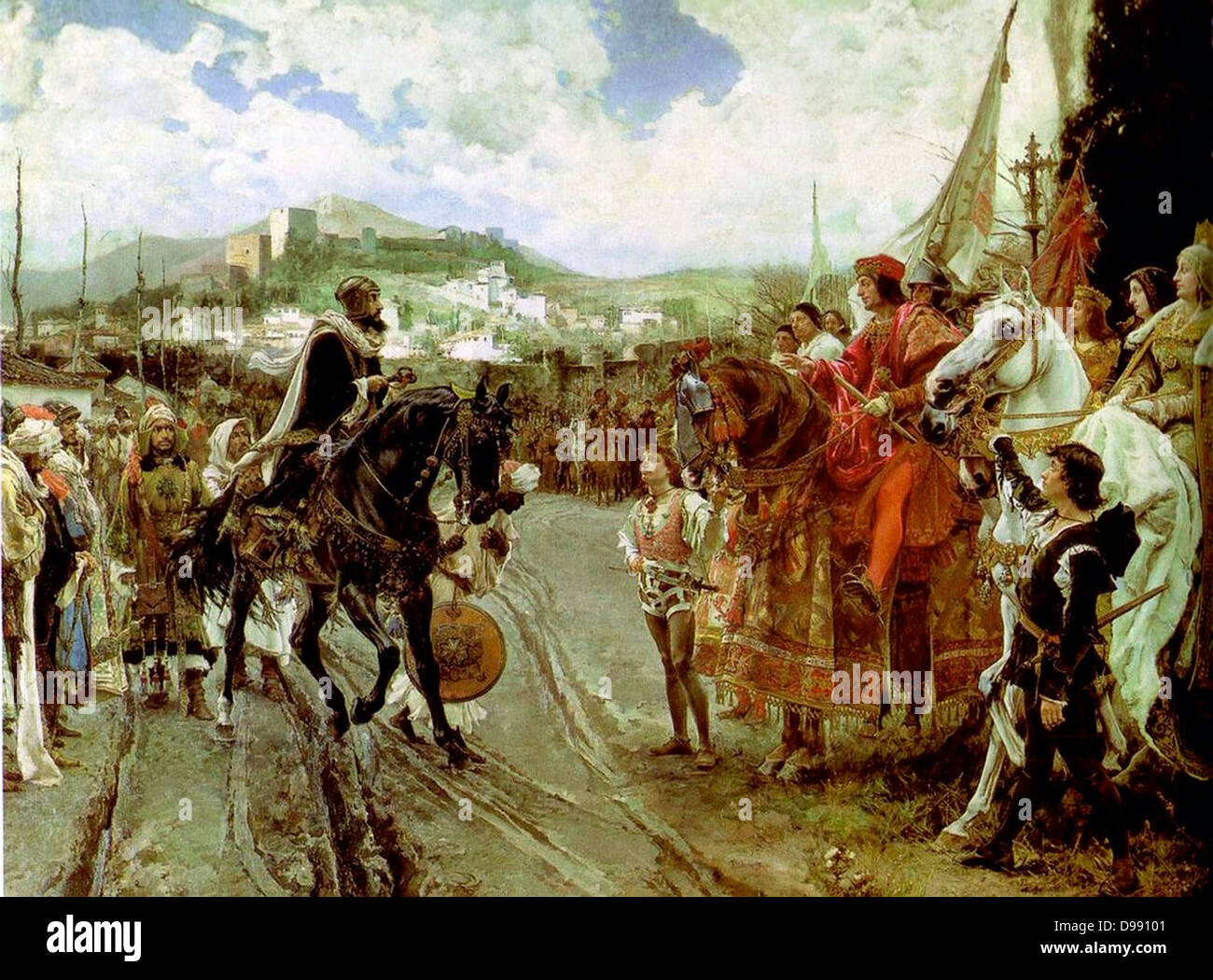 Boabdil confrontati da Ferdinando e Isabella dopo la caduta di Granada 1492 da Francisco Pradilla y Ortiz 1882 Foto Stock