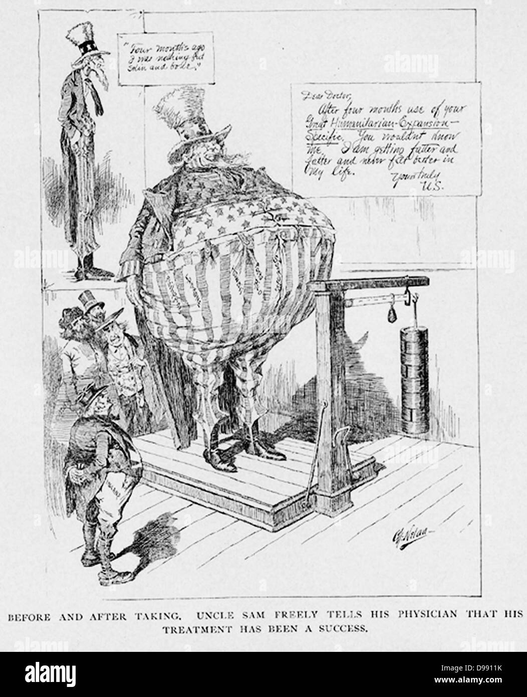 Prima e dopo il ' da cartoni animati della nostra guerra con la Spagna da Charles Nelan, Stokes: 1898, frontespizio. Sebbene Nelan era generalmente favorevole degli Stati Uniti durante la guerra ispano-americana, questo cartone animato riflette la sua preoccupazione per il paese della politiche espansionistiche. Foto Stock