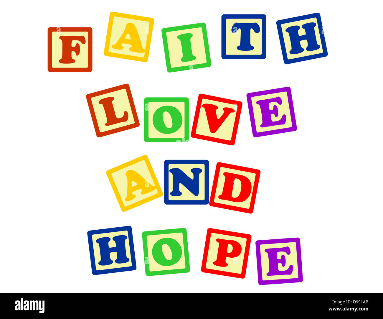 Biblico, spirituale o metafisico promemoria - fede, speranza e amore in vari blocchi colore, isolato su bianco. Foto Stock