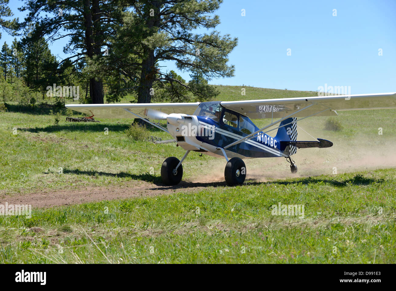 Piccolo aereo decollare da una pista di atterraggio per aerei di sporco in Hells Canyon National Recreation Area, Oregon. Foto Stock