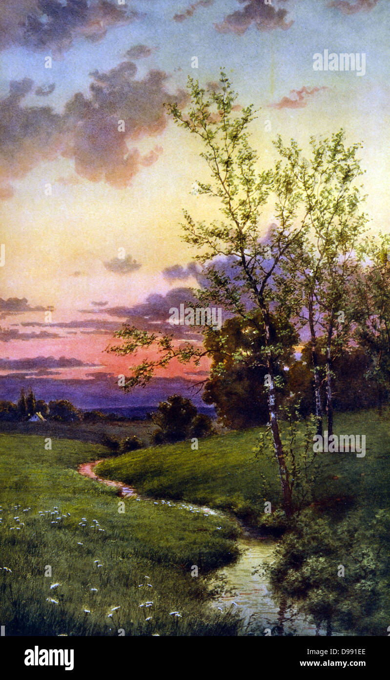 La natura dell' armonia c1912. Dopo Thomas Moran (1837-1926) inglese-americano nato artista. Il paesaggio pastorale prato della struttura del flusso di tranquillità al tramonto Foto Stock