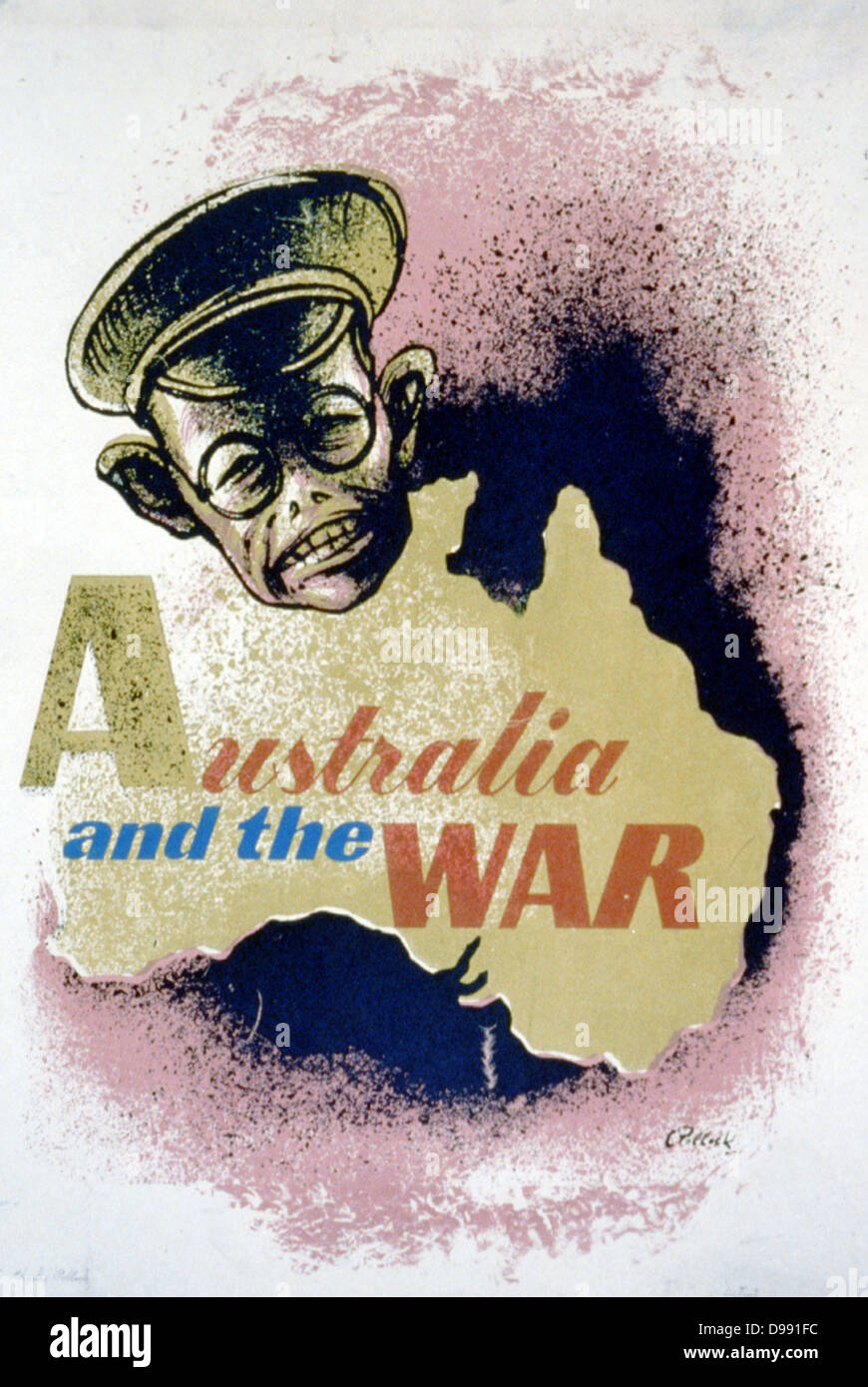 II Guerra Mondiale 1939-1945: Australian poster di propaganda c1941-1943 sottolineando la minaccia giapponese e che mostra una mappa di Australia e la faccia di Hirohito. Foto Stock