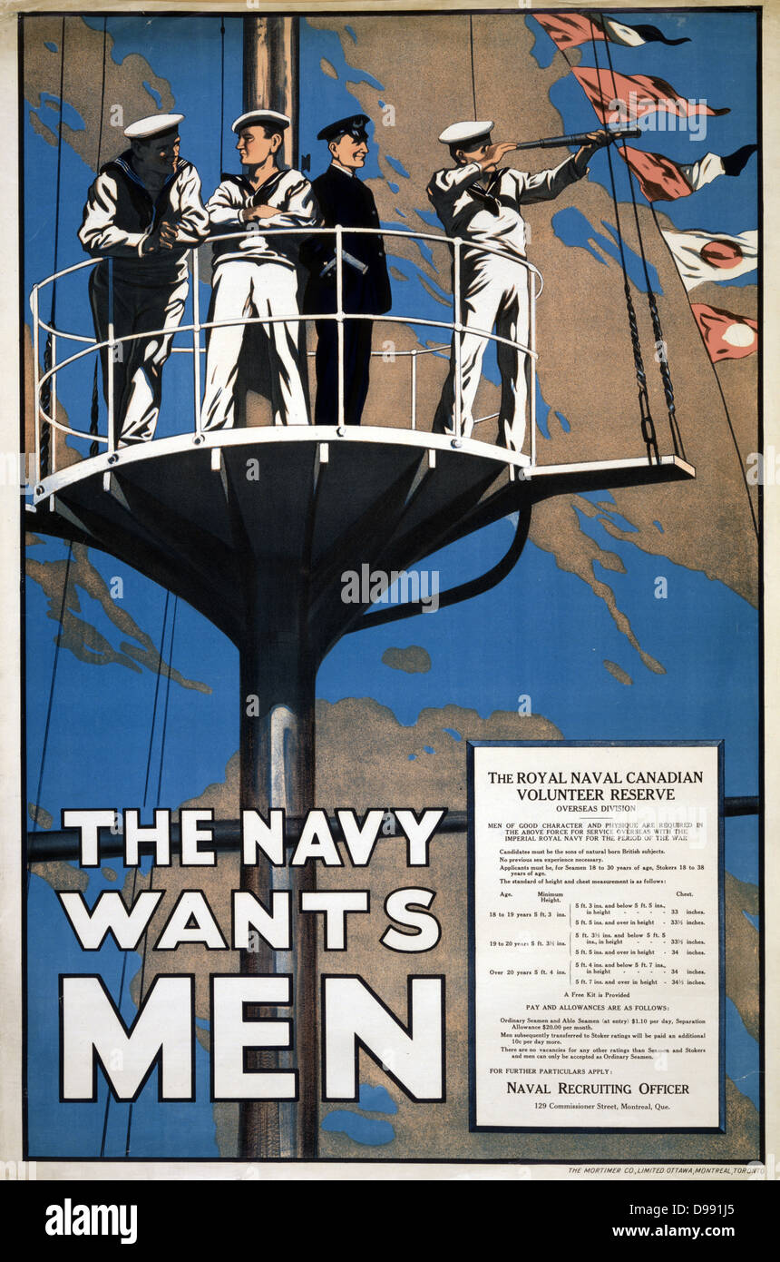 I Guerra Mondiale 1914-1918: Canadese poster di reclutamento per la Regia Marina canadese, 1915. "La Marina Militare vuole uomini". Foto Stock