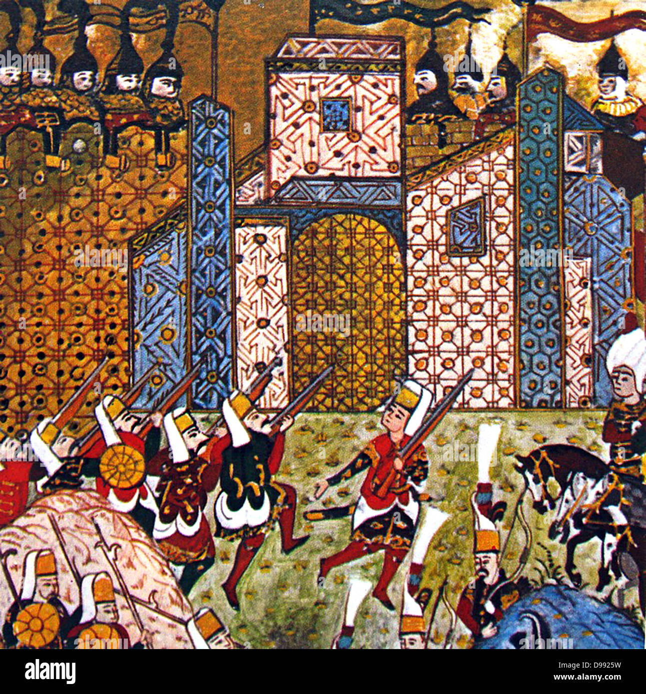 Assedio di Rodi, 26 giugno-22 dicembre 1522: Cavalieri di San Giovanni, Cavalieri Ospitalieri, sotto attacco dalla Ottoman Janissaries armati di pistole. L'ultimo Cavaliere a sinistra su 1 Gennaio 1523 andando prima a Creta e poi a Malta. Foto Stock