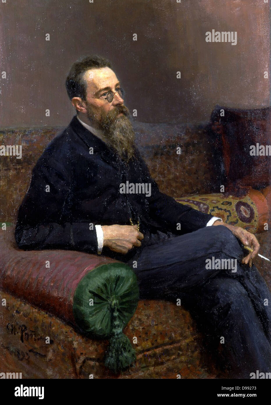 Nikolai Andreyevich Rimsky-Korsakov (1844-1908) Il compositore russo, un maestro di orchestrazione. Olio su tela. Ilya Yefimovich Repin (1844-1930). Tre quarti di ritratto, seduti sul divano a mezza girata dalla parte anteriore. Musicista di musica Foto Stock