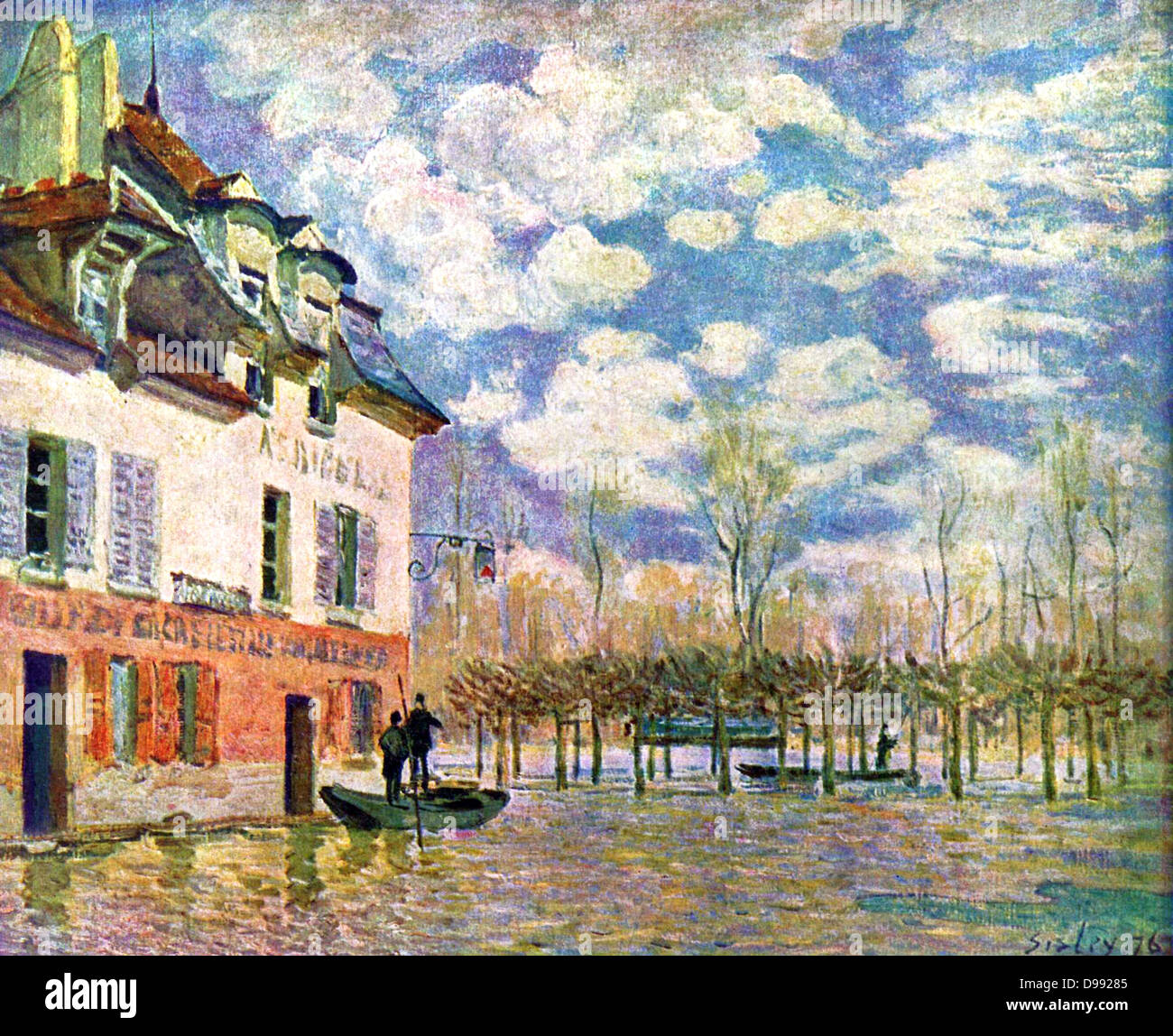 L'inondation à Port-Marly' (proiettori a Port-Marly) 1876. Olio su tela. Alfred Sisley (1839-1899) francese-inglese nato pittore paesaggista. Gli uomini in punt al di fuori di una locanda in allagato paesaggio invernale . Acqua alberi di Sky Foto Stock