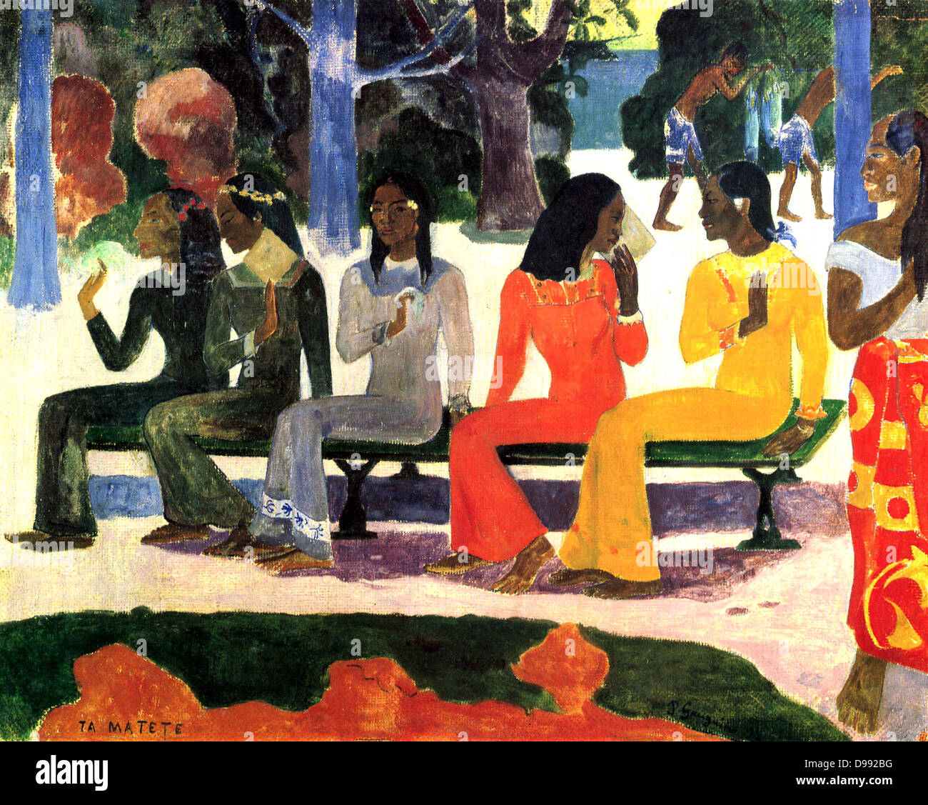 Ta Matete' (Non potremo andare al mercato oggi), 1892. Olio su tela. Eugène Henri Paul Gauguin (1848-1903) francese Post-Impressionist artista. Cinque femmine Tahitian figure seduto su una panchina, alberi in background. Foto Stock