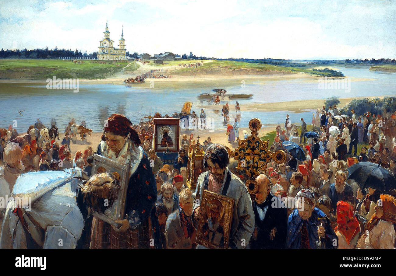 Processione di pasqua", 1893. Olio su tela. Pryanishnikov Illarion (1840-1894). La religione Cristiana Ortodossa Russa Icona paesaggio devozione traghetto sul Fiume Foto Stock