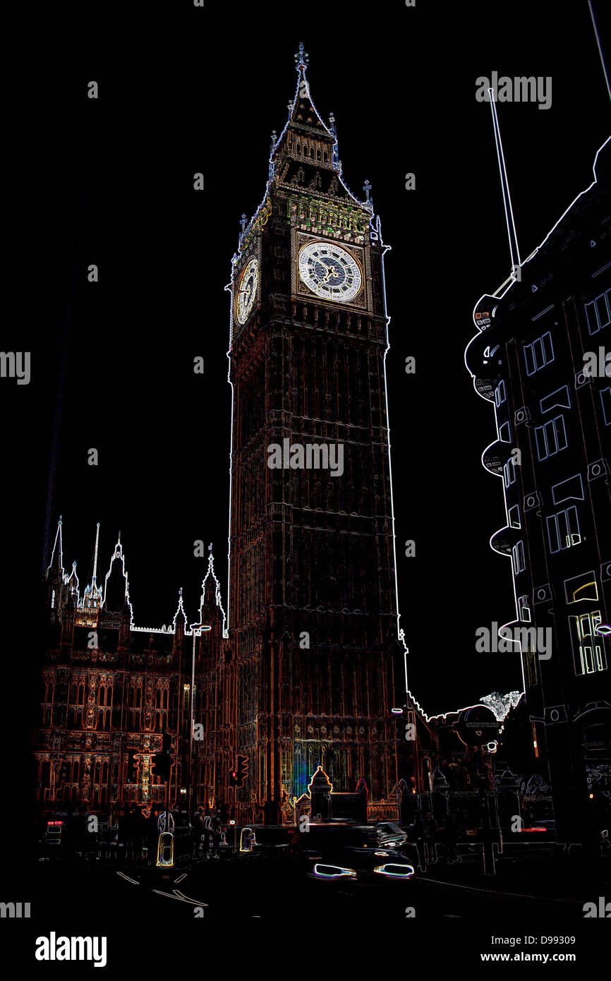 Immagine alterata enhanced il colore e il contrasto del Big Ben, le Houses of Parliament, Londra, Inghilterra. Foto-shop modifica divenne un comune strumento di progettazione alla fine del XX secolo. Foto Stock