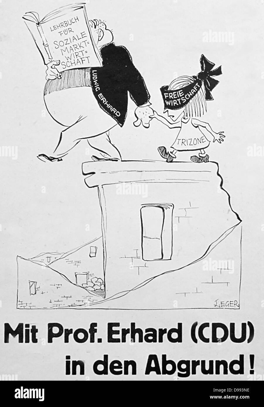 'Messa Pof.Erhard (CDU) in den abgrund' (con il POF.Erhard (CDU) nell abisso). Un cartoon politici degli anni sessanta raffigurante il Cancelliere Erhard prendendo la Germania nella CE zona di libero scambio. Foto Stock